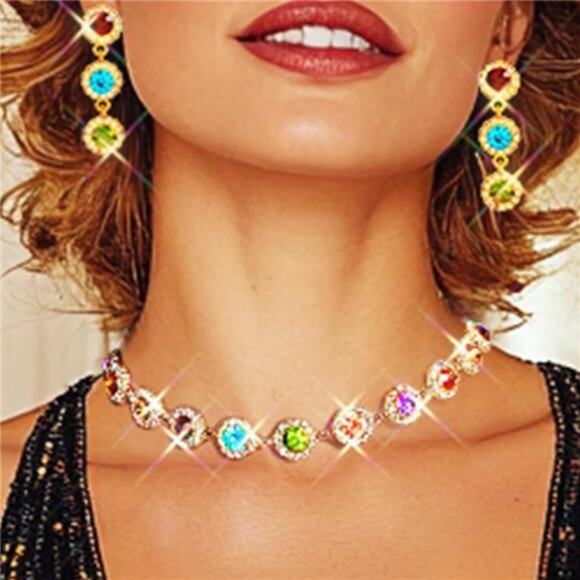 Colorful Crystal Jewelry Set Necklace Earrings Rhinestone Sparkly Party Gift Wom - Picture 2 of 7